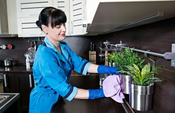 Уборщица в доме убирает