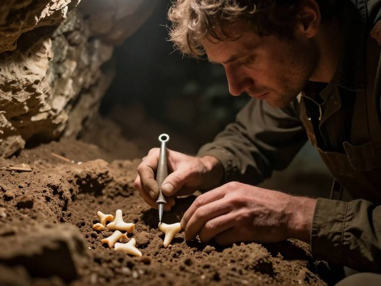 Археолог изучает зубы неандертальцев в пещере