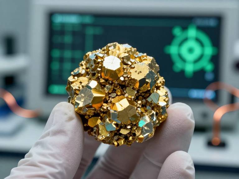 Ученый держит минерал халькопирит в лаборатории