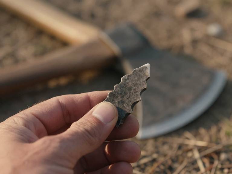 Древний человек держит маленькое каменное орудие