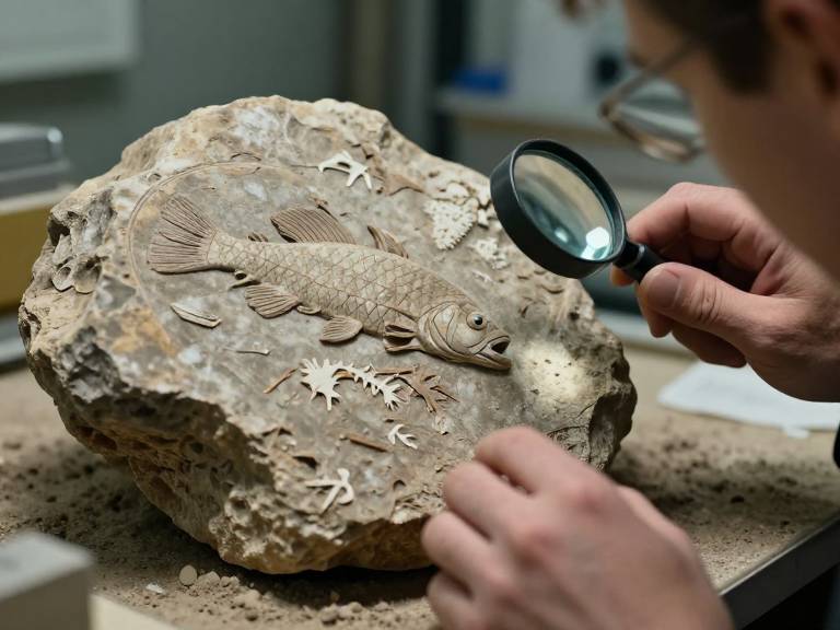 Ученый изучает древнюю окаменелость пермского периода