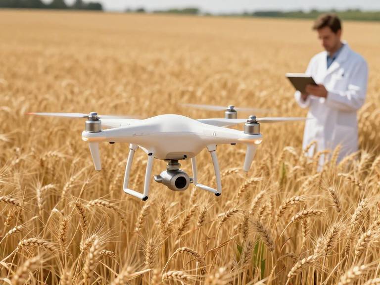 Дрон облетает пшеничное поле для анализа урожая