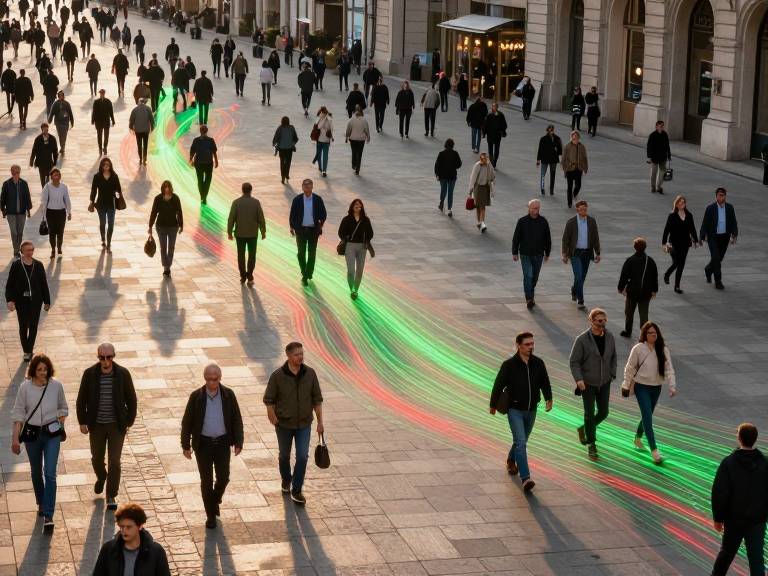 Толпа людей на площади с цифровой визуализацией потоков