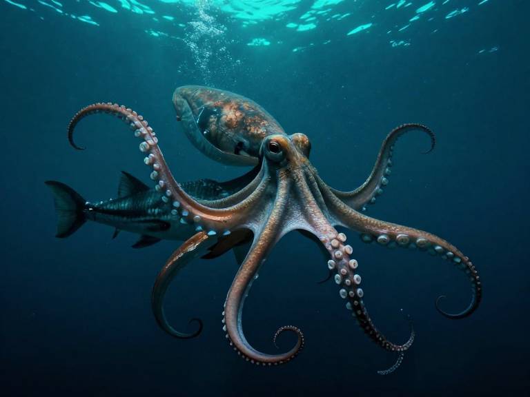 Гигантский древний осьминог атакует рыбу