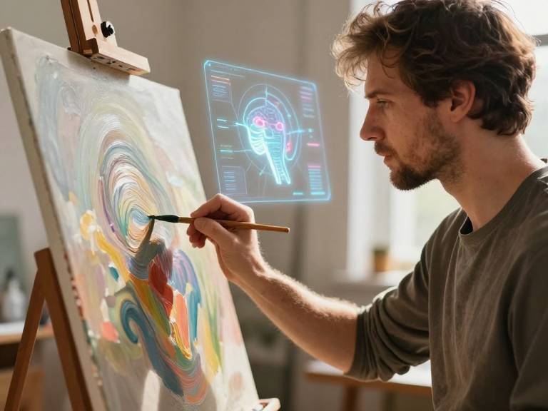 Художник рисует картину рядом с голограммой нейросети