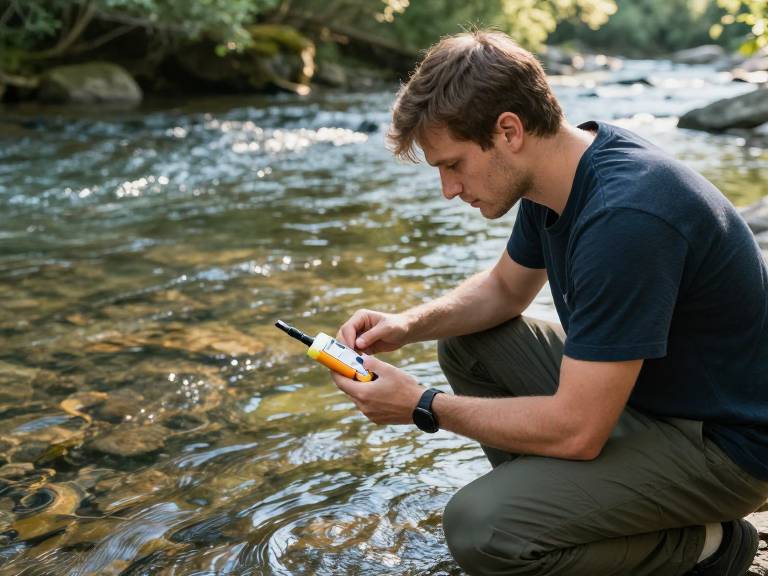 Мужчина проверяет чистоту воды в реке