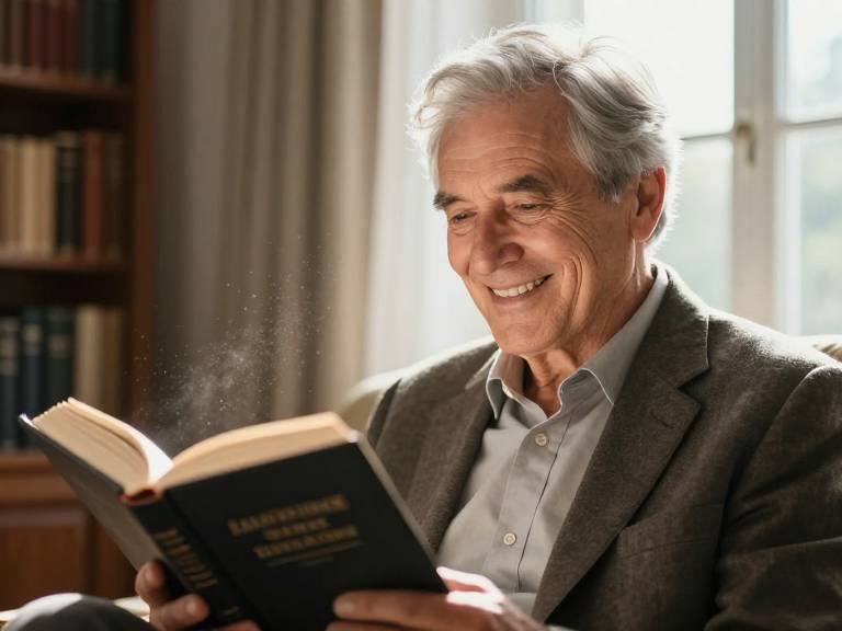 Пожилой мужчина читает книгу в библиотеке