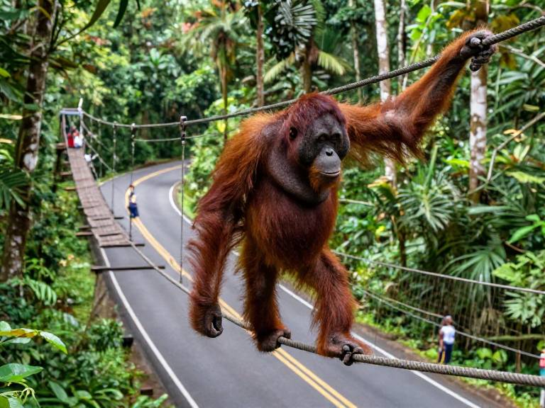 Орангутан переходит по подвесному мосту