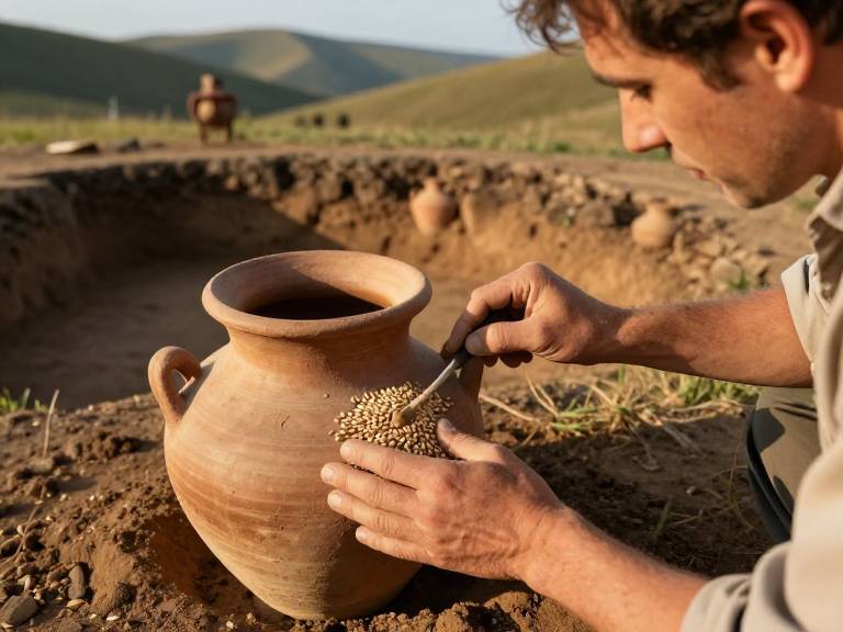Археолог на раскопках древней пшеницы