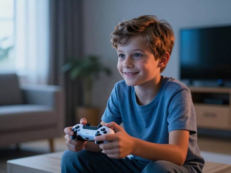 Мальчик радостно играет в видеоигры дома