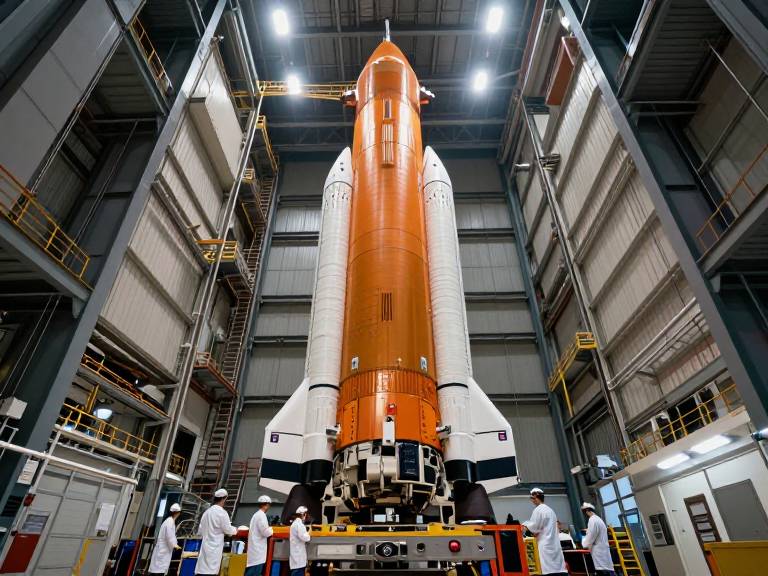 Огромная ступень ракеты SLS в монтажном цеху