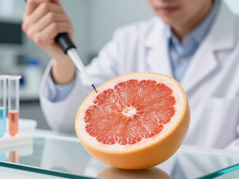 Разрезанный спелый грейпфрут в научной лаборатории