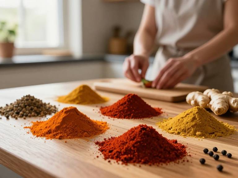 Разнообразные яркие специи на деревянном столе