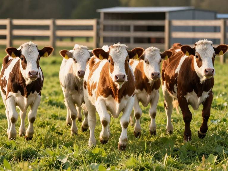 Веселые сытые телята прыгают на лугу