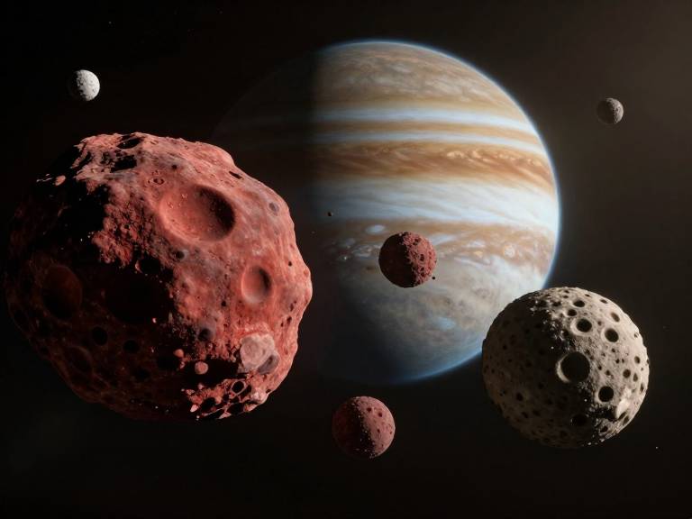 Разноцветные троянские астероиды на фоне Юпитера