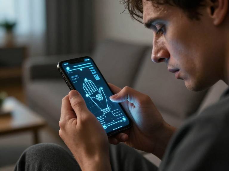 Человек со смартфоном и элементами ИИ