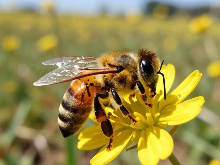 Медоносная пчела на цветке в поле