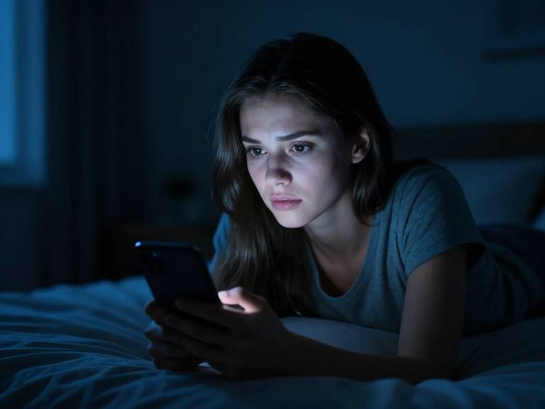 Девушка в темноте со смартфоном страдает бессонницей