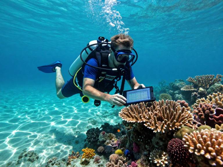 Ученый исследует состояние кораллового рифа под водой
