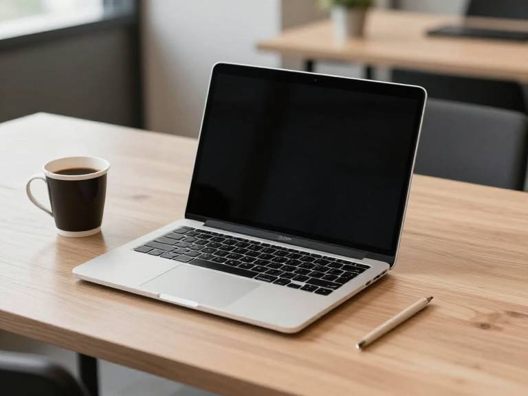 Modern workspace setup with laptop and coffee cup on desk
