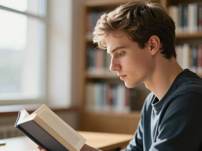 Задумчивый человек читает книгу в библиотеке при дневном свете