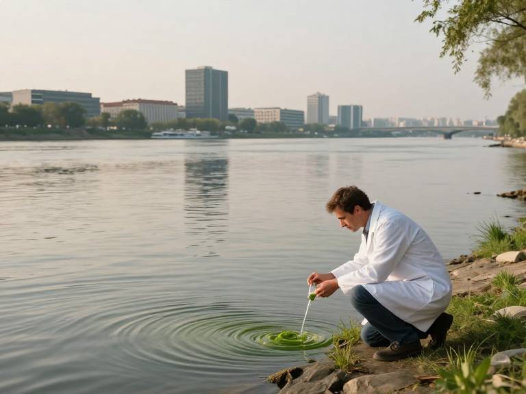Ученый у реки в Европе исследует загрязнение воды нитратами